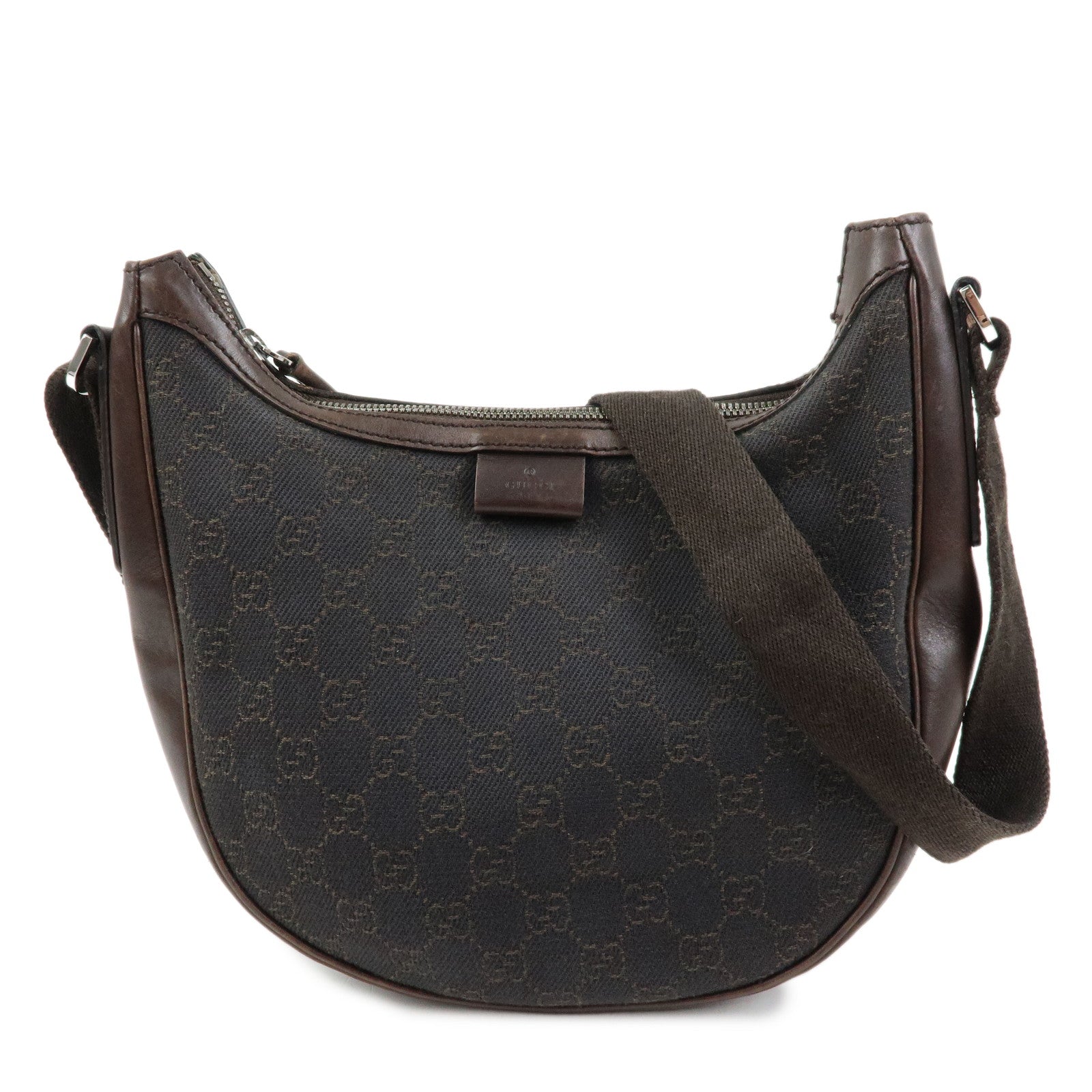 GUCCI GG Denim Leather Half Moon Shoulder Bag Dark Brown 101682