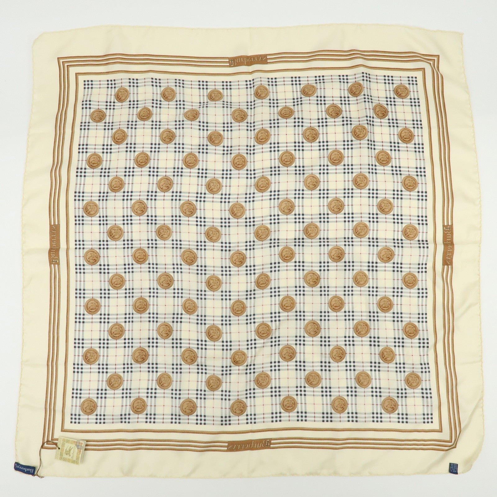 BURBERRY Nova Plaid Silk 100% Scarf Coin Motif Beige Brown