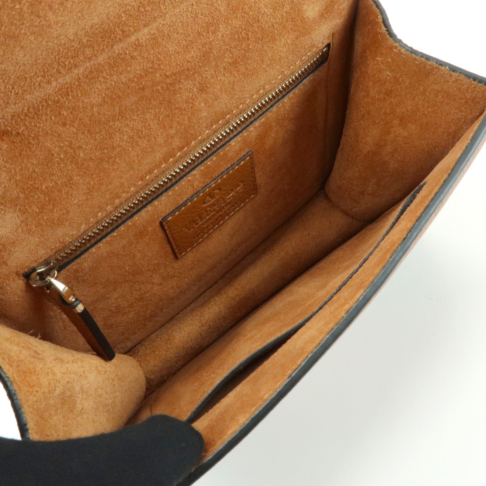 VALENTINO Glam Lock Embroidery Leather Chain Shoulder Bag Brown