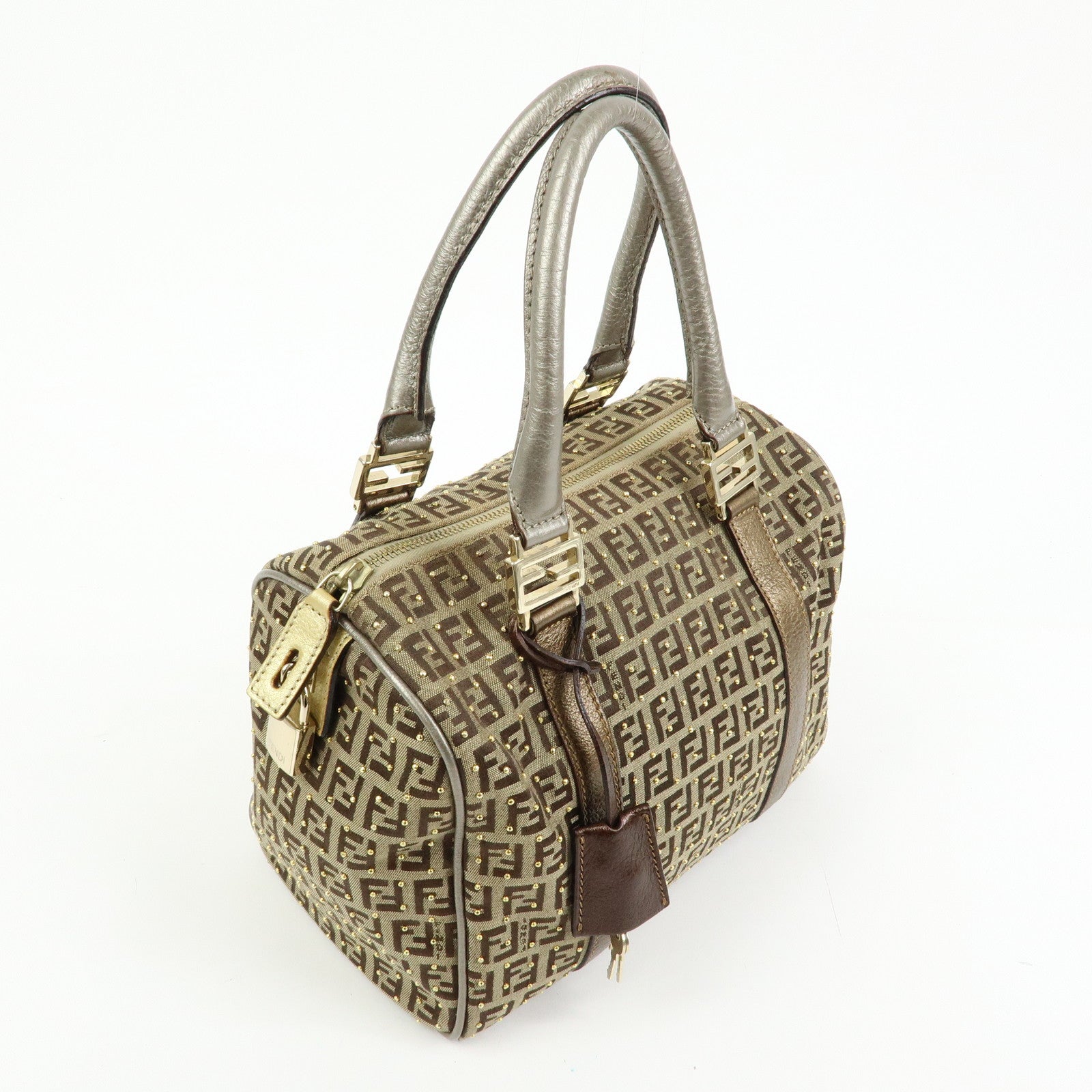 FENDI Zucchino Canvas Leather Boston Bag Hand Bag Beige Gold 8BL068
