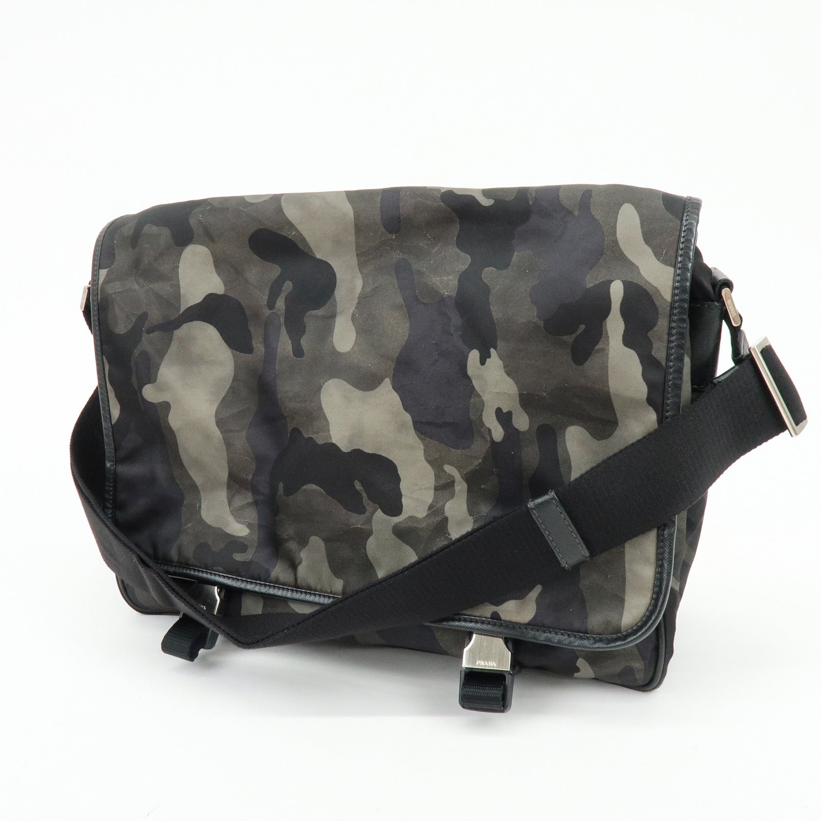 PRADA Triangle Logo Nylon Saffiano Leather Shoulder Bag Khaki VA0768