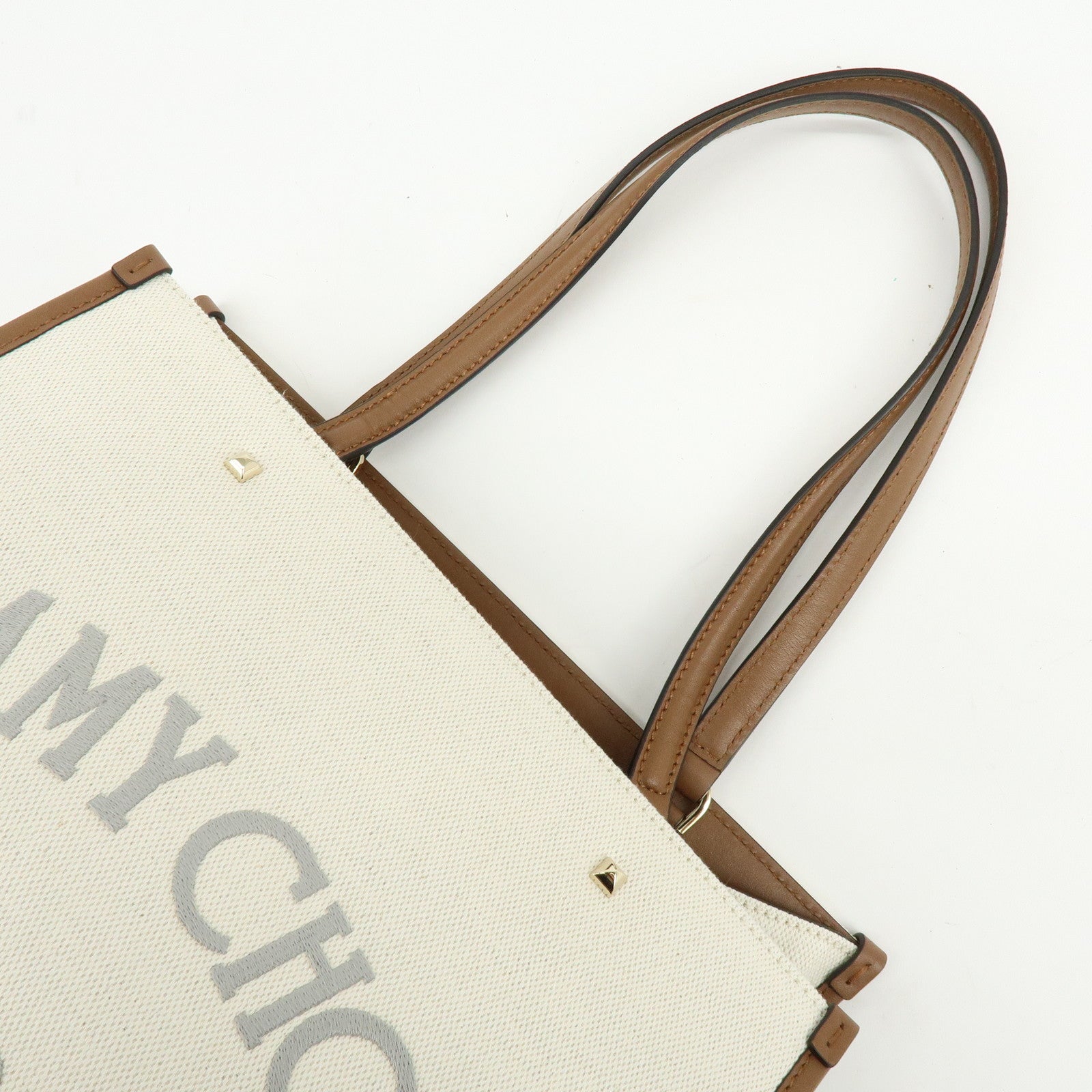 JIMMY CHOO Varennes Canvas Leather Tote Bag Shoulder Bag Ivory Brown