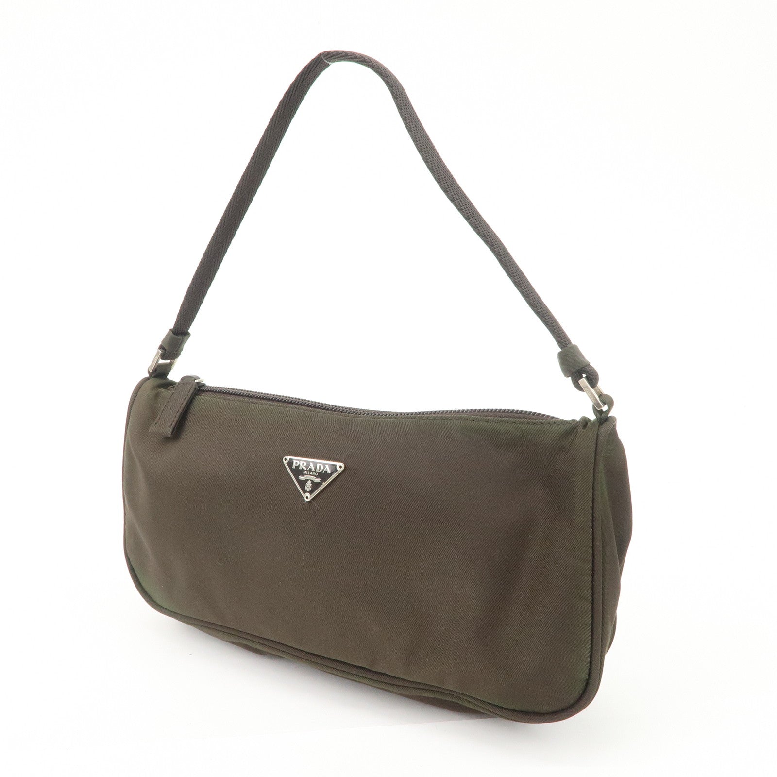 PRADA Triangle Logo Nylon Leather Accessory Pouch Hand Bag Khaki Silver HDW Used