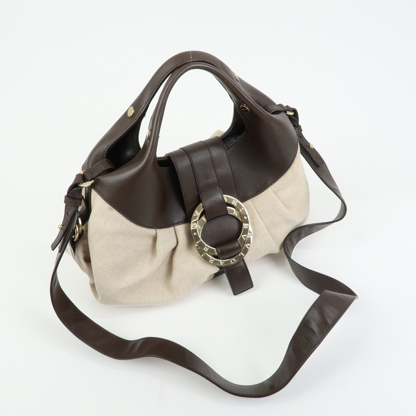 BVLGARI Chandra Canvas Leather 2Way Bag Hand Shoulder Bag Ivory Brown