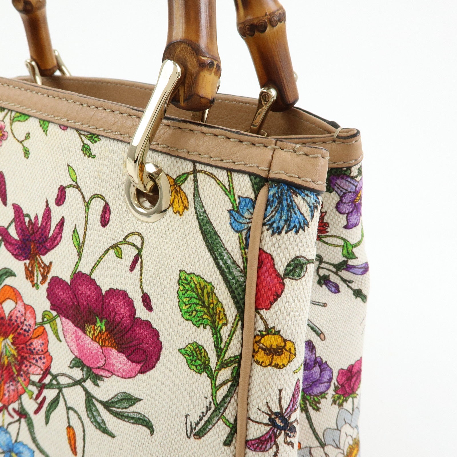 GUCCI Bamboo Flora Canvas Leather 2Way Bag Japan Limited Ivory 336032