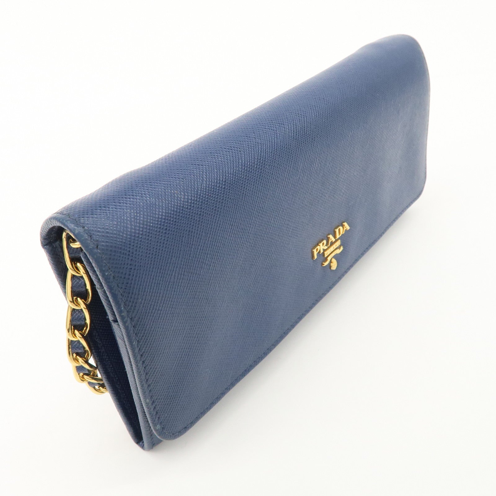 PRADA Logo Leather Chain Wallet WOC Blue Gold Hardware 1MT290 Used