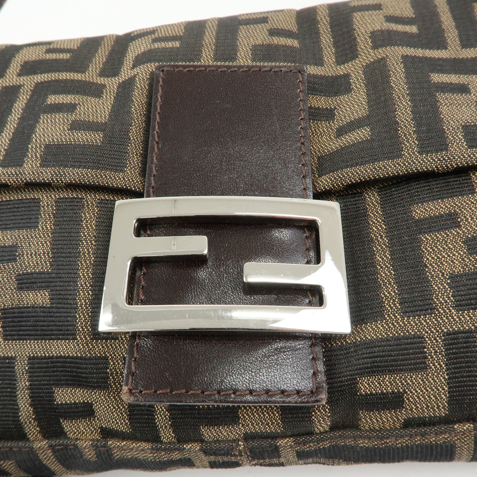 FENDI Mamma Baguette Zucca Canvas Leather Shoulder Bag Brown 26424
