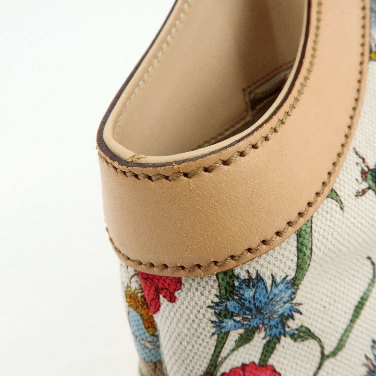 GUCCI Bamboo Flora Canvas Leather Hand Bag Multicolor Beige 137395