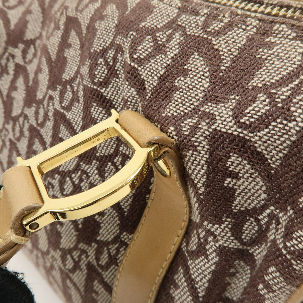 Christian Dior Trotter Jacquard Canvas Leather Boston Bag Brown Beige