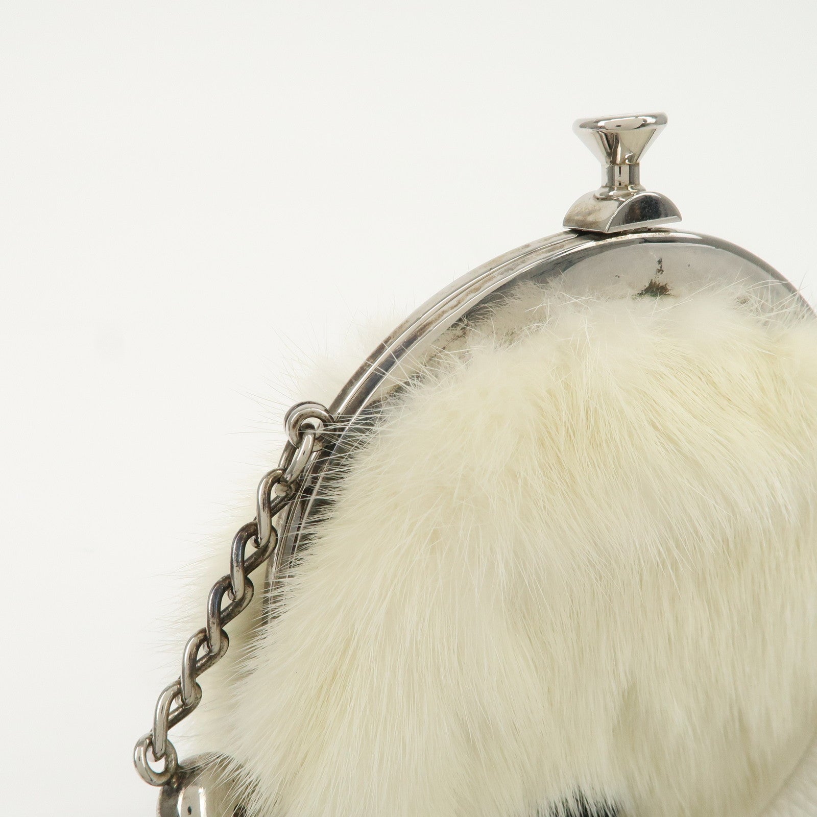 FENDI Seleria Leather Fur Flower Motif Kiss Lock Pouch Hand Bag 8BK048 Used