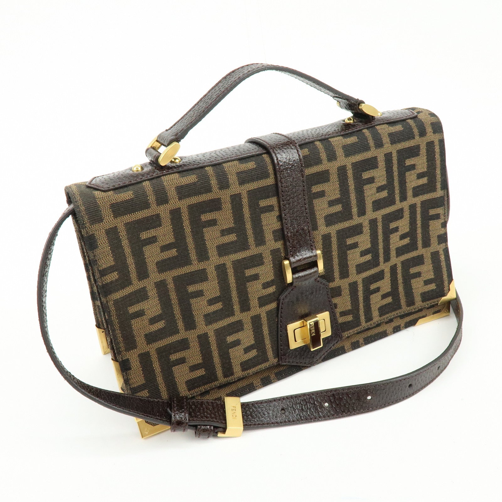 FENDI Zucca Canvas Leather Shoulder Bag Crossbody Bag Brown 8BT169