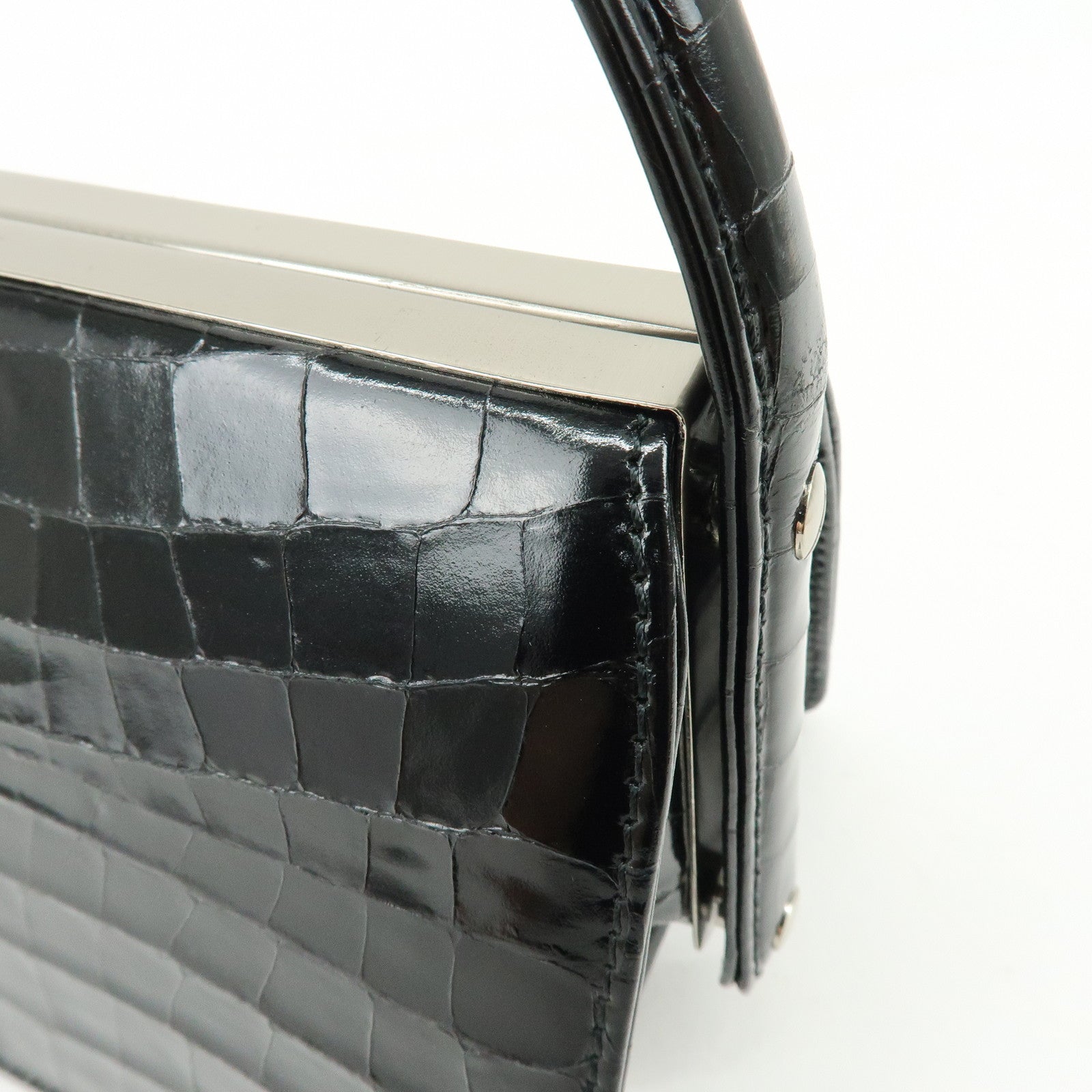 GIANNI VERSACE Embossed Leather Kiss Lock Top Handle Hand Bag Black