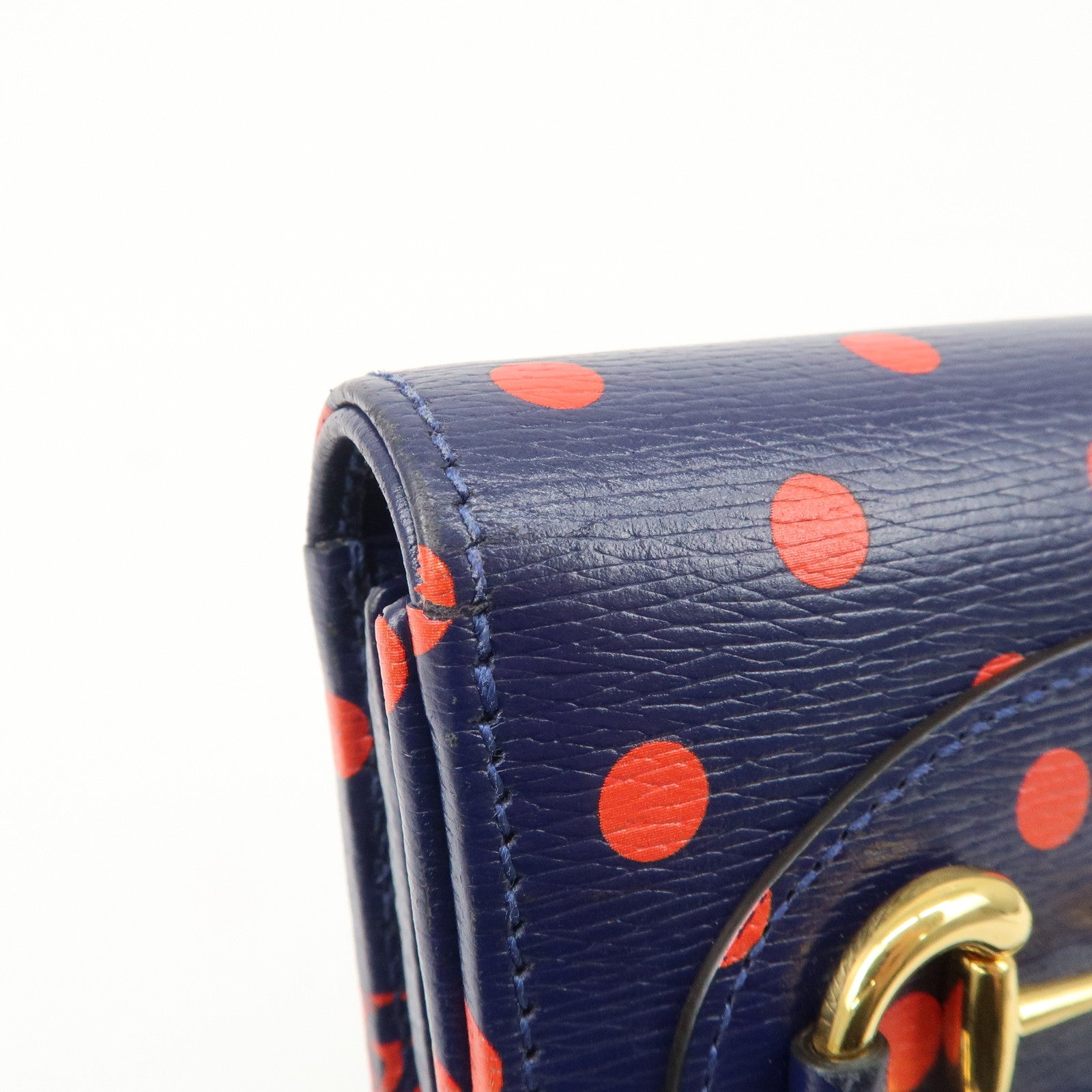 GUCCI Horsebit Dots Pattern Leather Bi-fold Wallet Navy Red 621891 Used