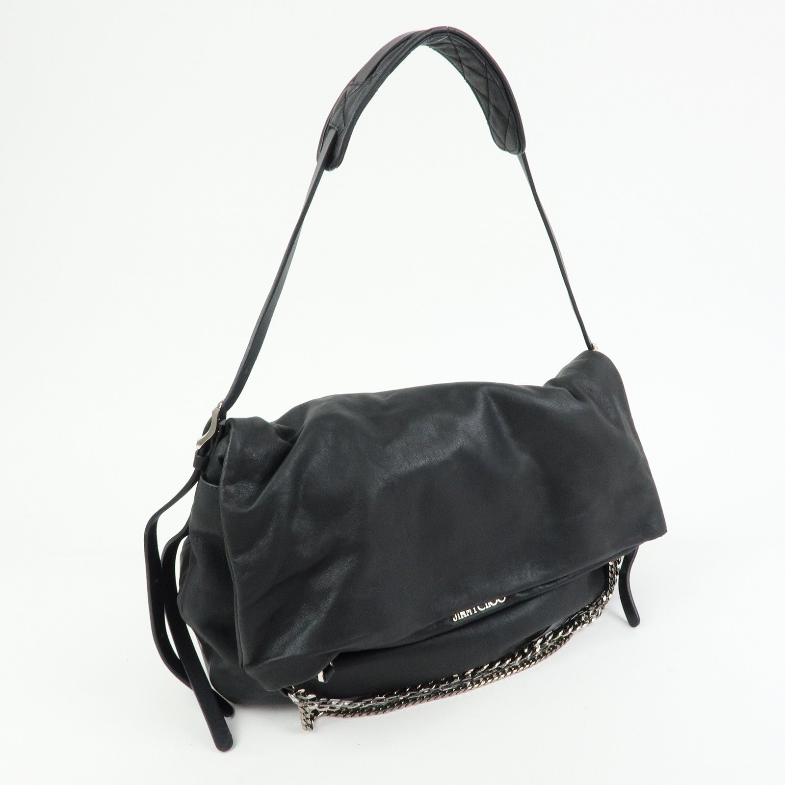 JIMMY CHOO Leather Shoulder Bag Crossbody Bag Metal Chain Black