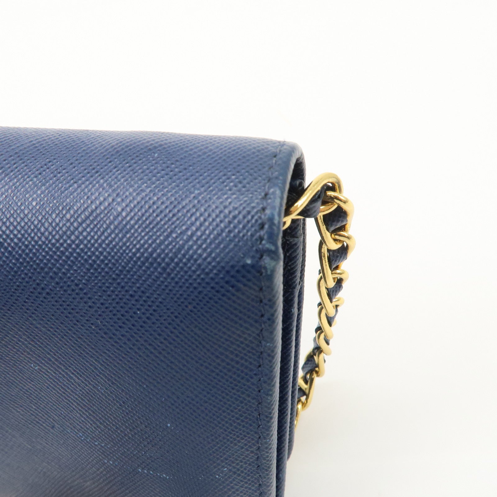 PRADA Logo Leather Chain Wallet WOC Blue Gold Hardware 1MT290 Used