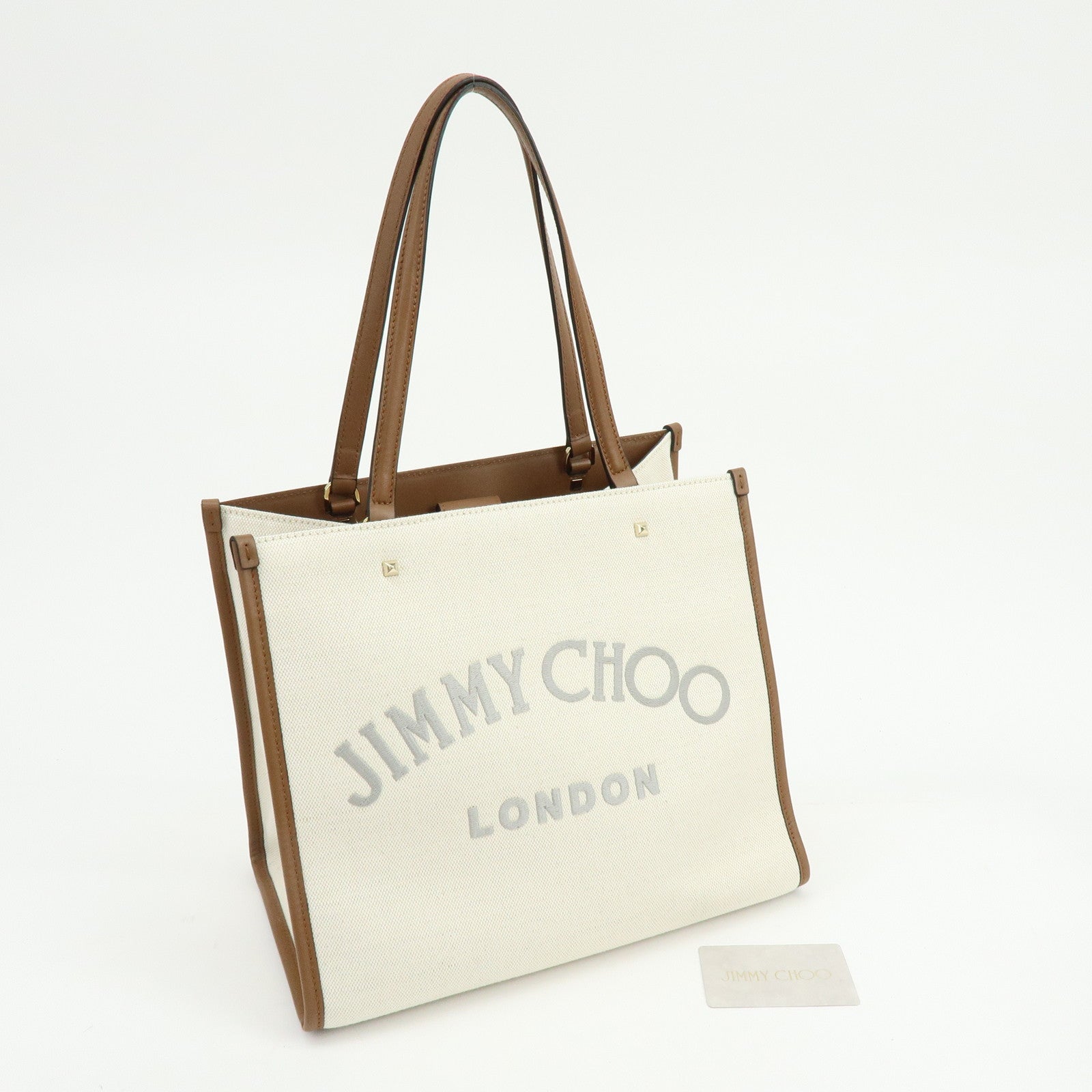 JIMMY CHOO Varennes Canvas Leather Tote Bag Shoulder Bag Ivory Brown