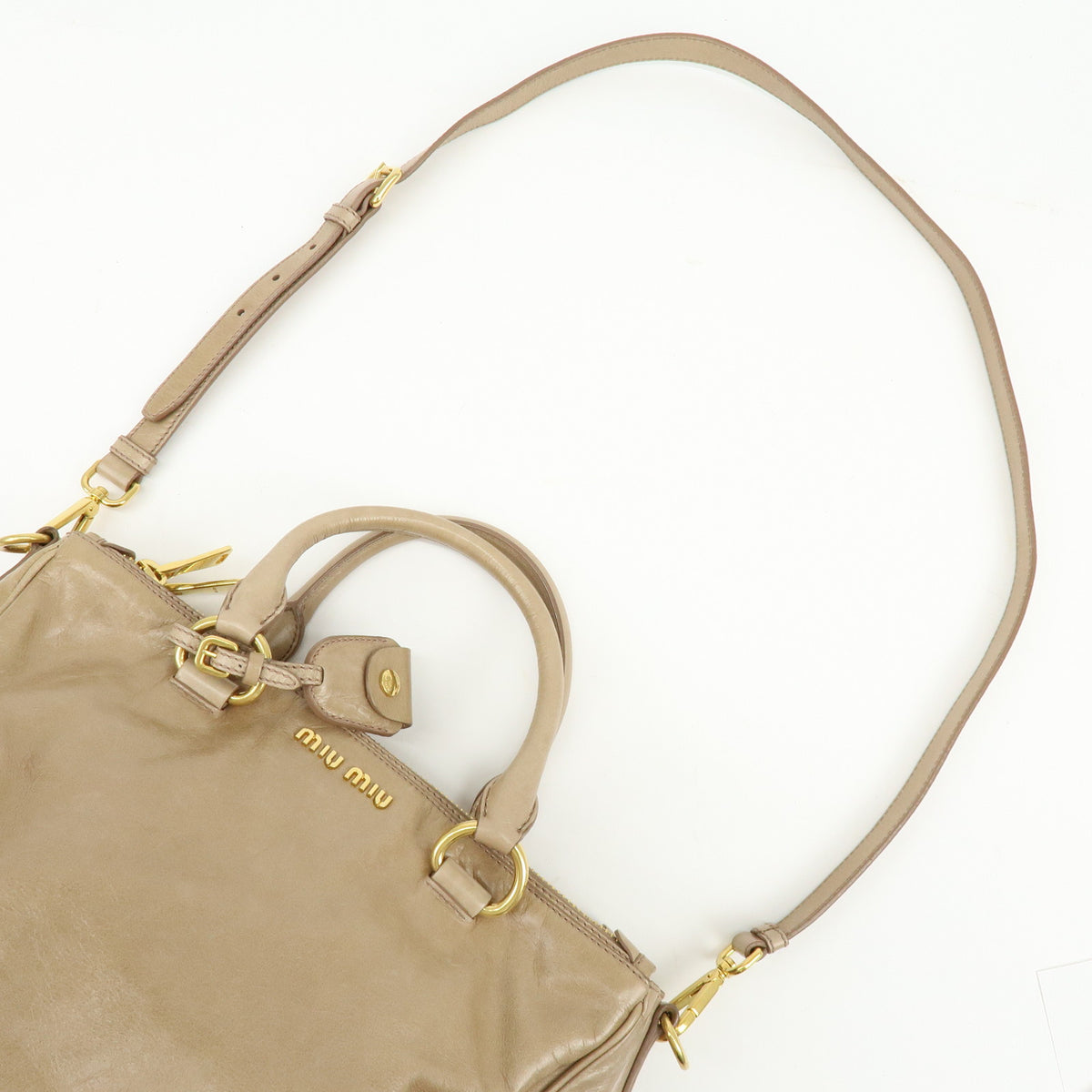 MIU MIU Leather 2Way Bag Hand Bag Shoulder Bag Key Ring Beige RN1127