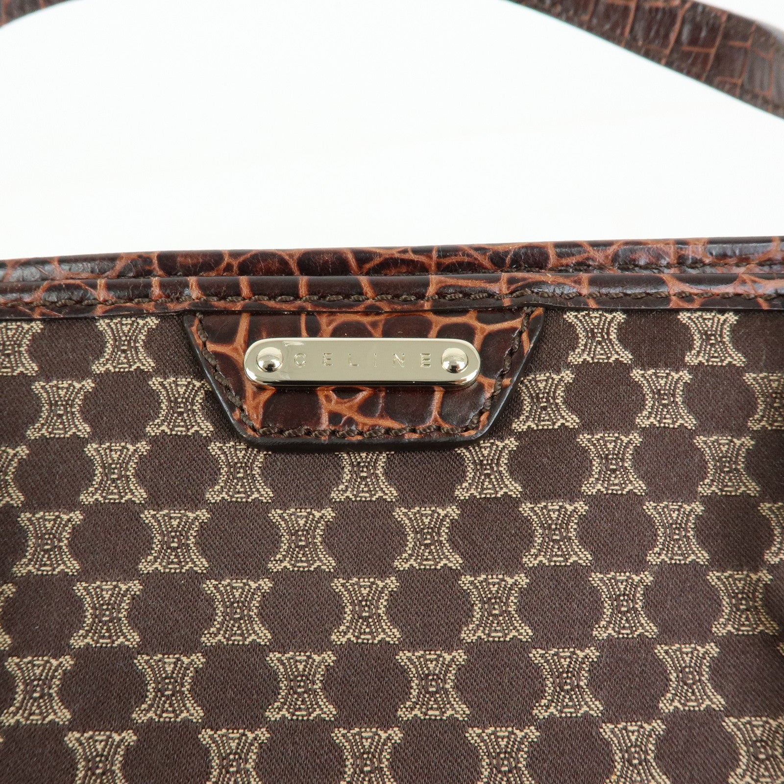 CELINE Macadam Embossed Leather Canvas Tote Bag Hand Bag Brown