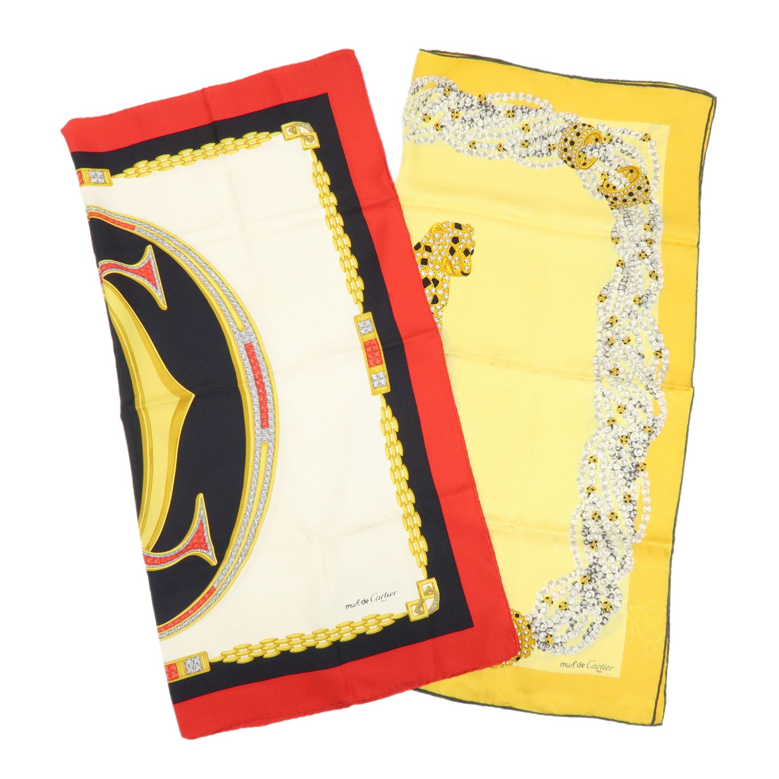 Cartier Lot of 2 Silk 100% Scarf Classic Chain Leopard Yellow Red White