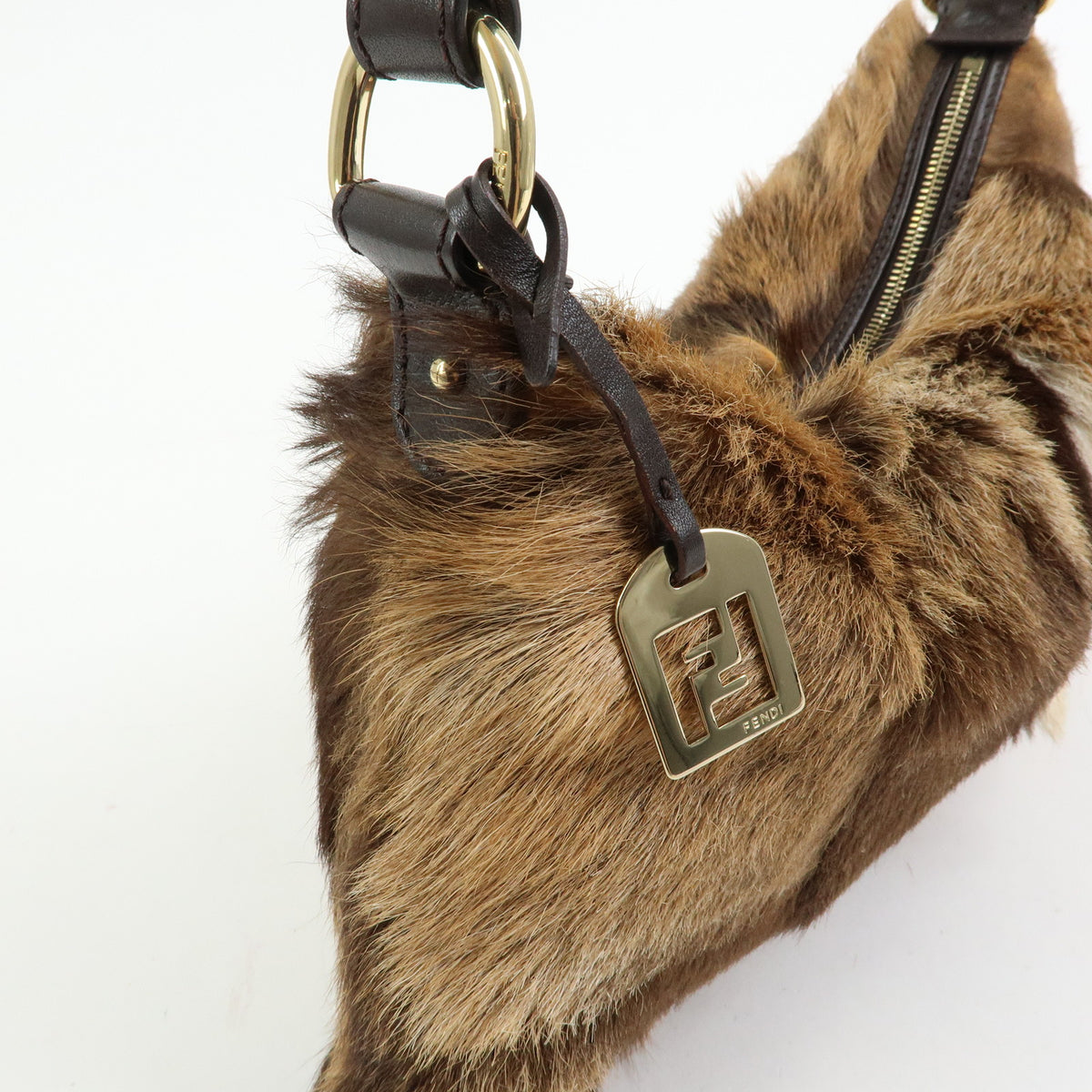 FENDI Fur Leather Shoulder Bag Hand Bag Brown 8BR349