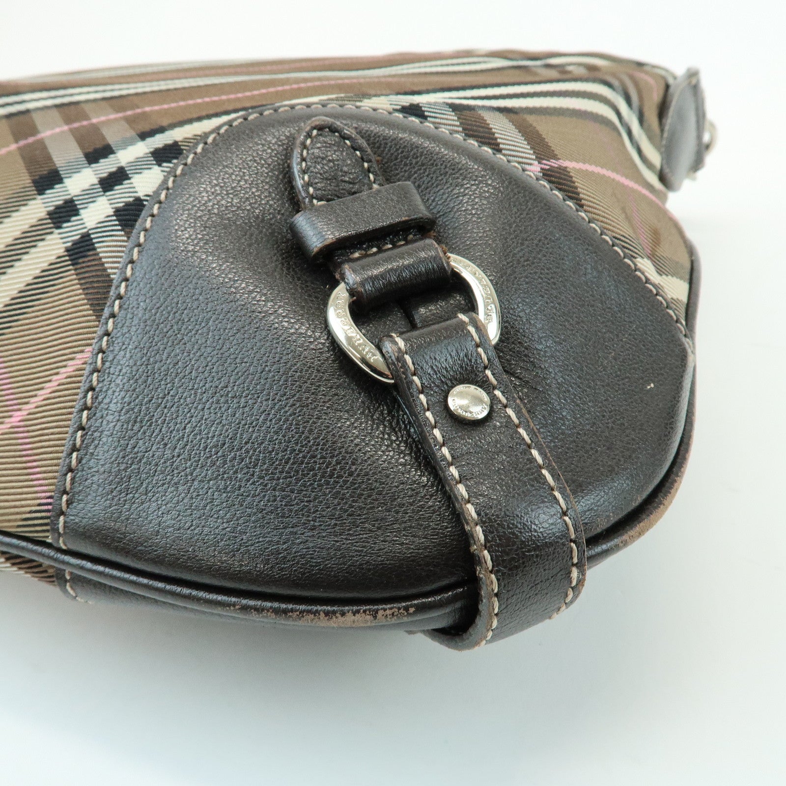 BURBERRY Nova Plaid Blue Label Canvas Leather Shoulder Bag Brown
