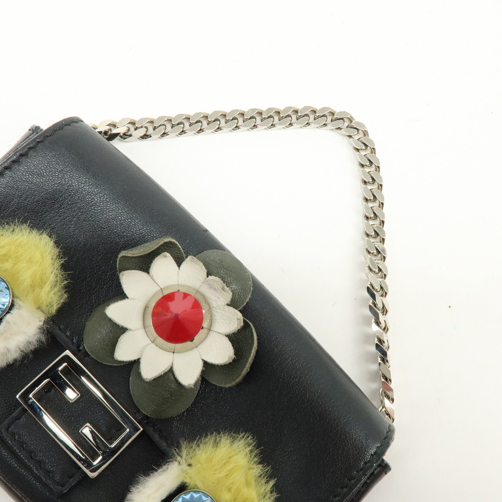 FENDI Monster Micro Baguette Leather Shoulder Bag Rhinestone 8M0354