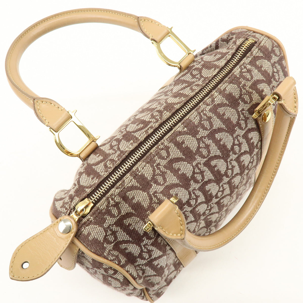 Christian Dior Trotter Jacquard Canvas Leather Boston Bag Brown Beige