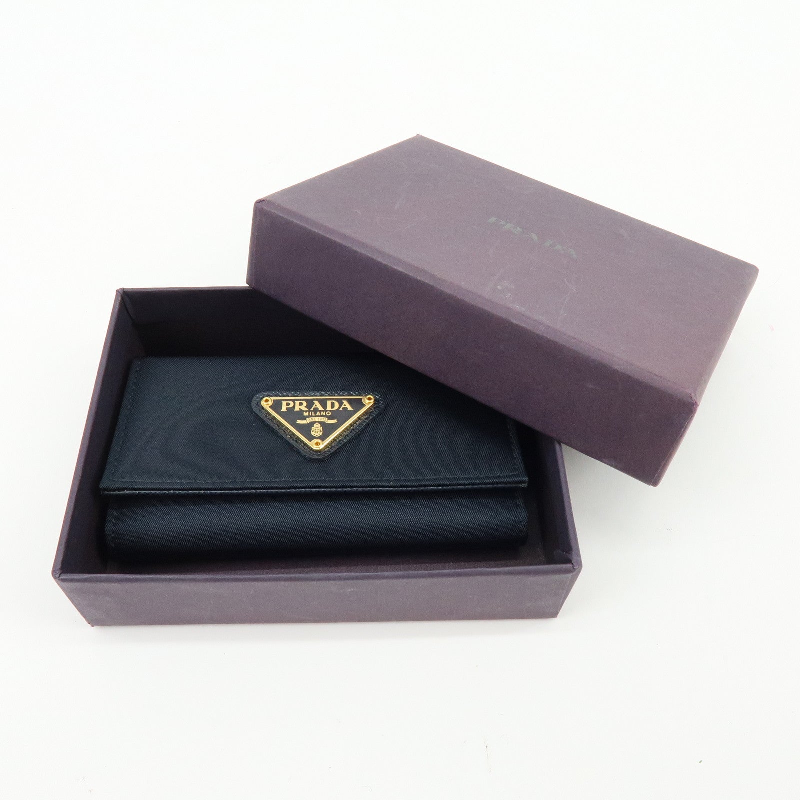 PRADA Triangle Logo Nylon Saffiano Leather Key Case Black 1M0222