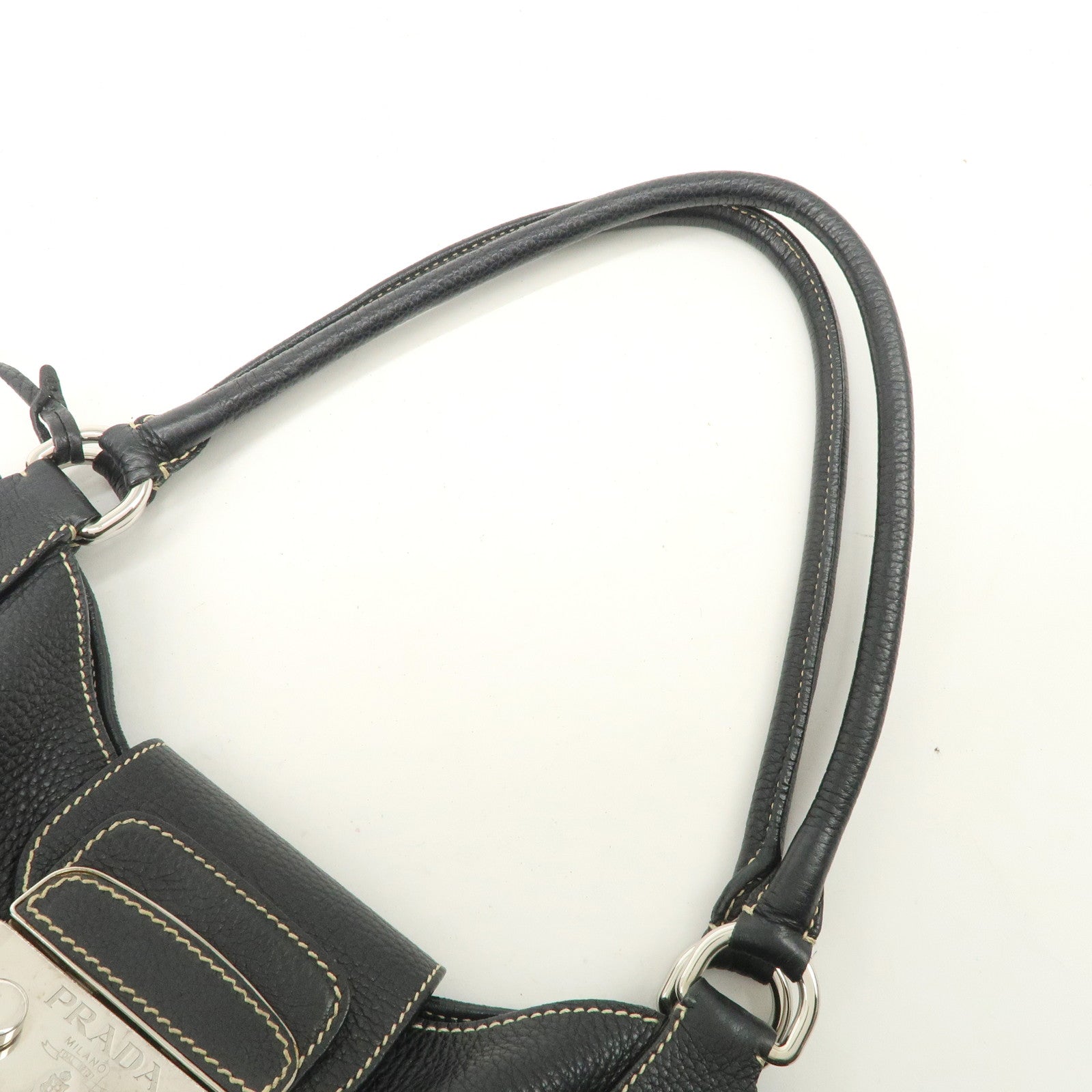 PRADA Logo Leather Shoulder Bag Hand Bag Black Silver Hardware