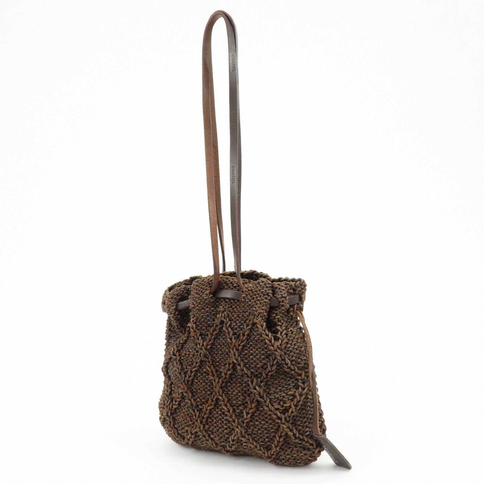 CHANEL Braided Leather Drawstring Shoulder Bag Brown