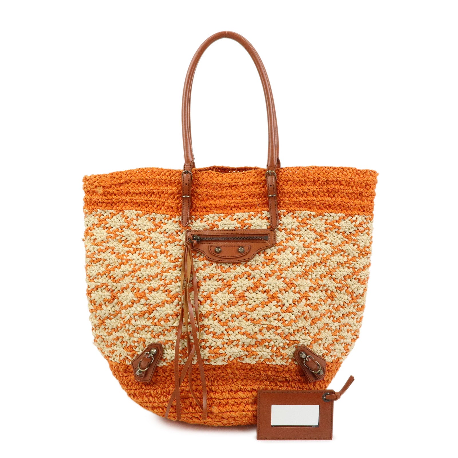 BALENCIAGA Motocross Classic Panier Raffia Leather Tote Bag 286370