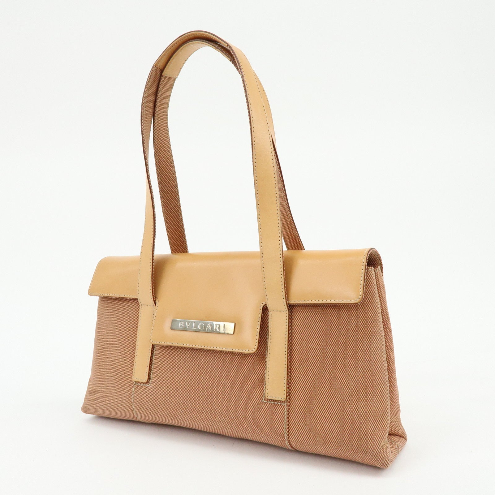 BVLGARI Canvas Leather Flap Shoulder Bag Hand Bag Beige Red