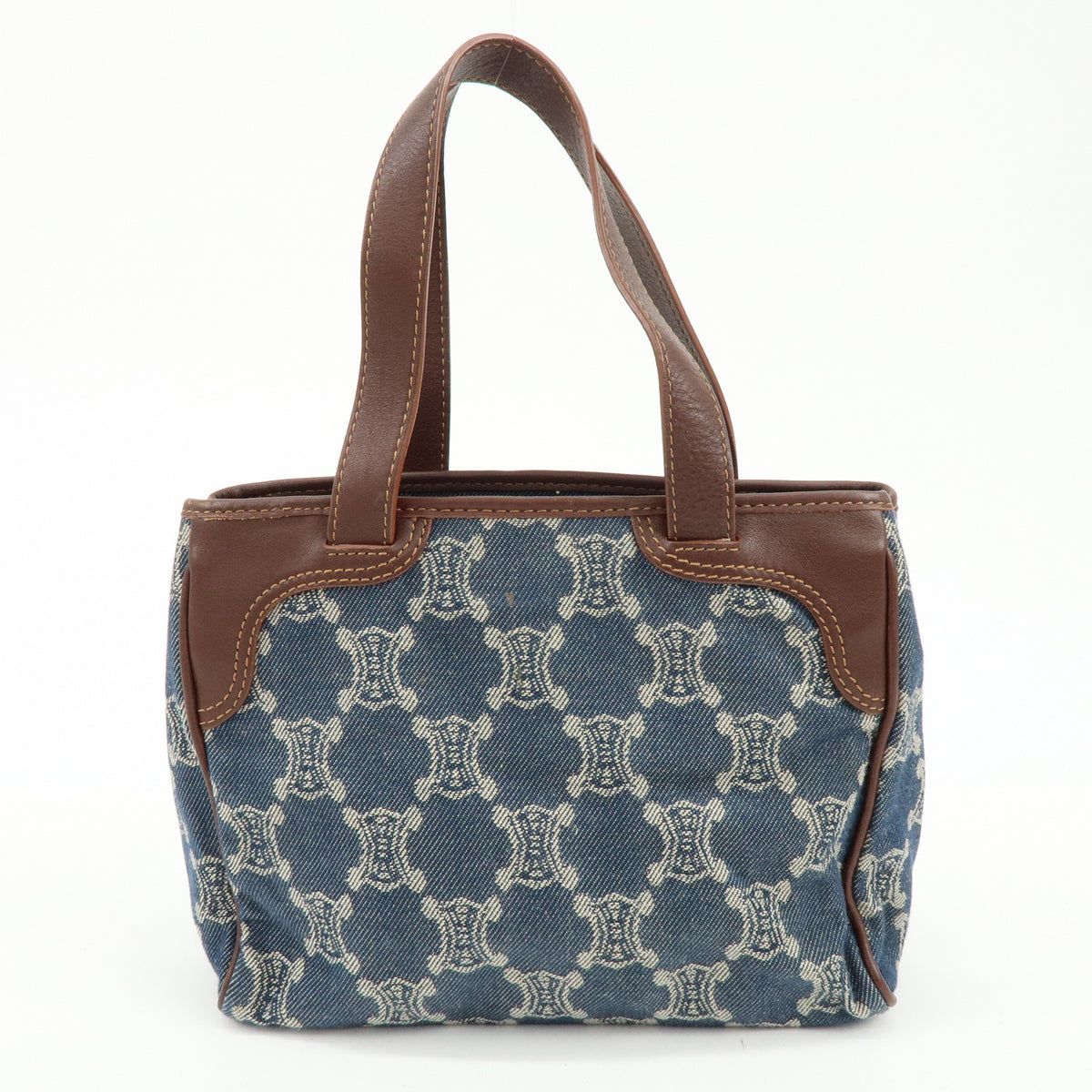 CELINE Paris Macadam Denim Leather Mini Tote Hand Bag Navy Brown