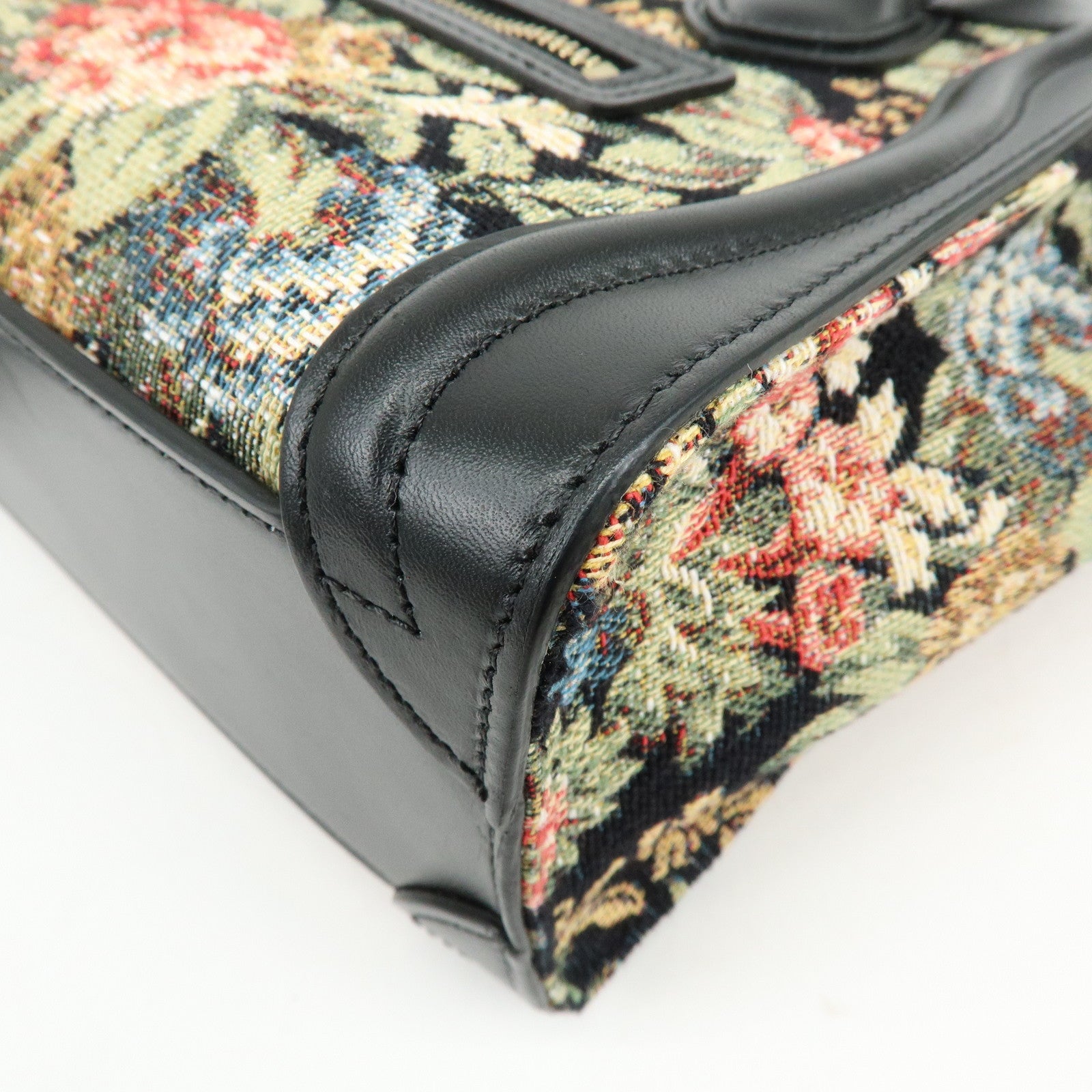CELINE Luggage Jaquard Canvas Leathre Flower 2Way Shoulder Bag Black