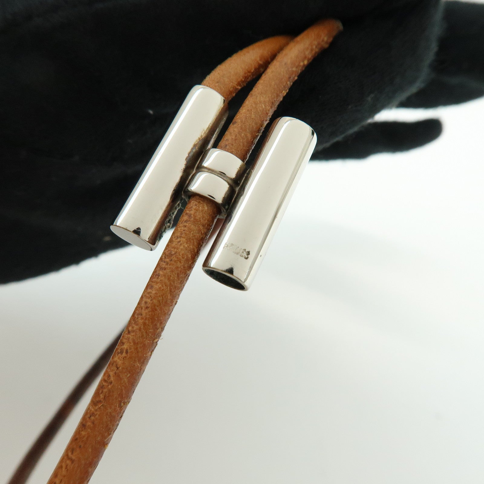 HERMES Leather Metal Tournis Tresse Bracelet Brown Silver