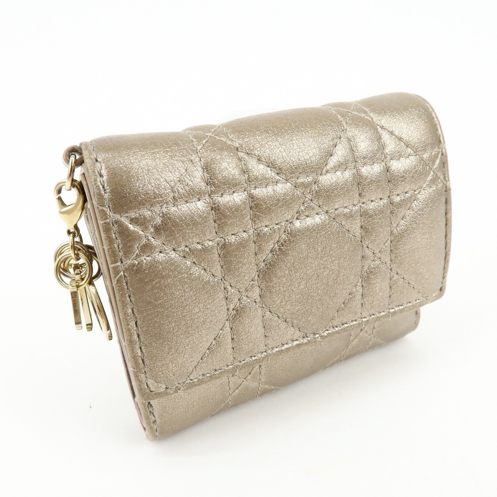 Christian Dior Lady Dior Cannage Leather Lotus Compact Wallet Beige