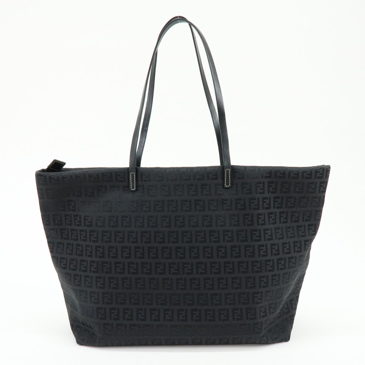 FENDI Zucchino Jacquard Canvas Leather Tote Shoulder Bag Black 8BH025