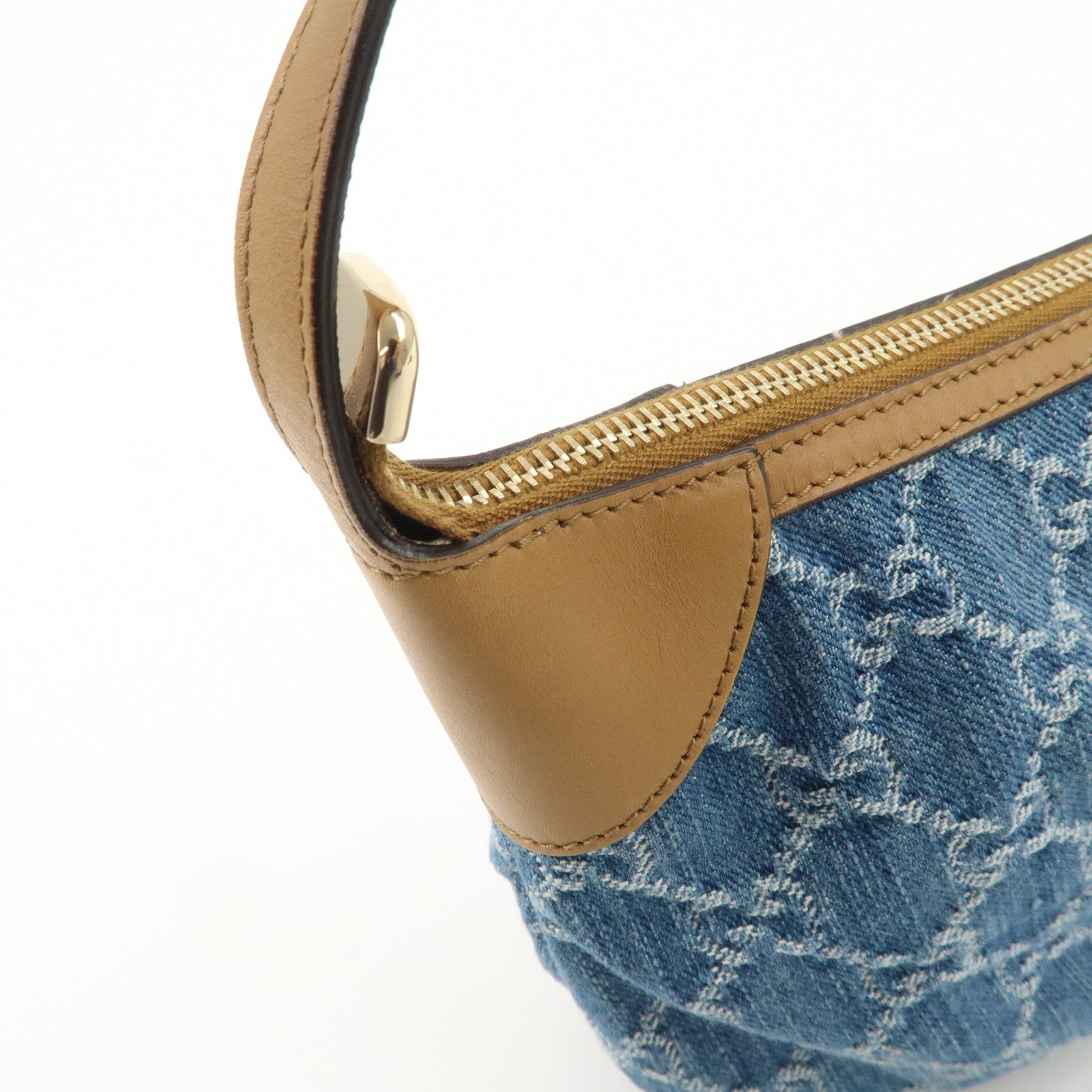 GUCCI GG Denim Leather Accessory Pouch Hand Bag Blue Brown 224093 Used