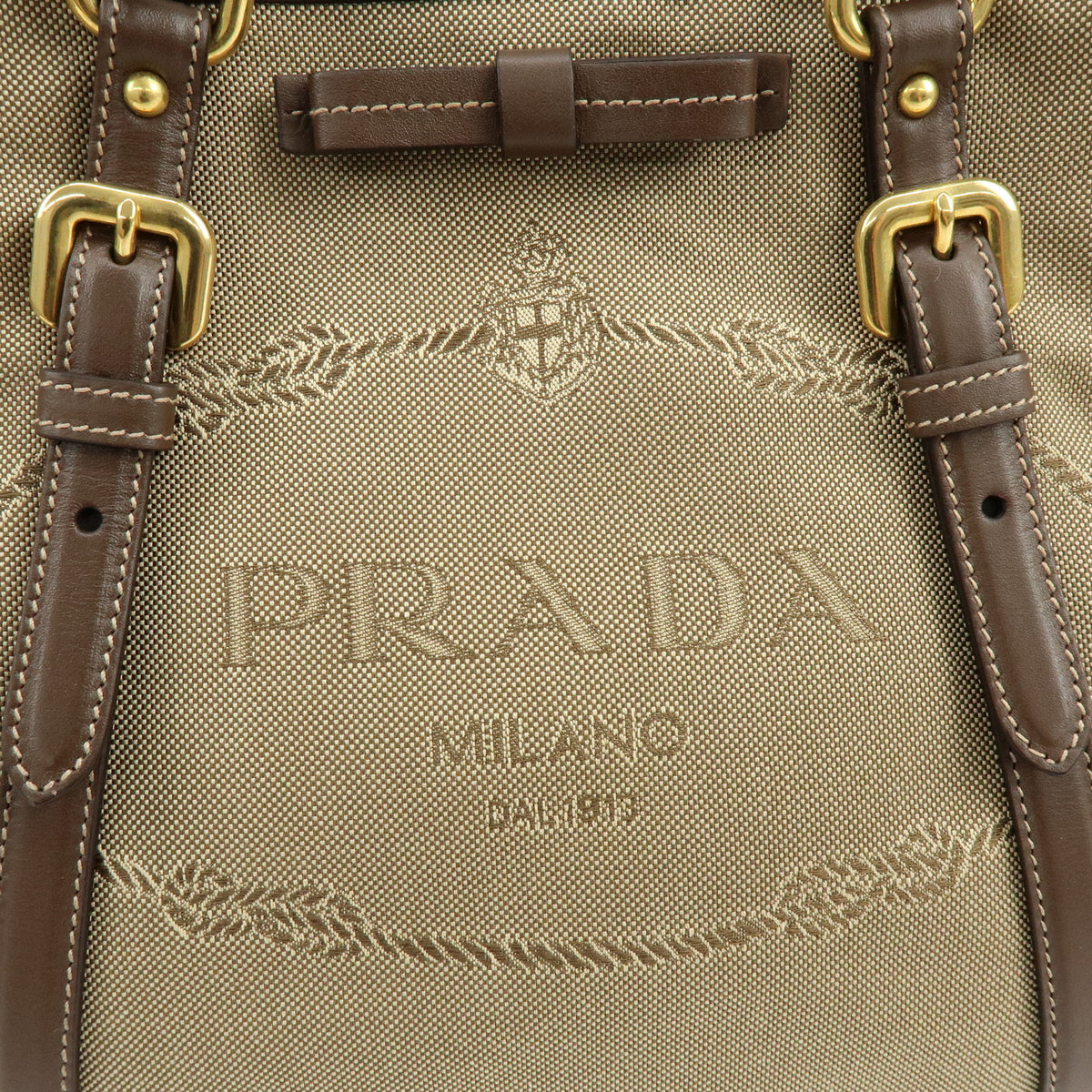 PRADA Triangle Logo Jaquard Canvas Leather 2Way Tote Bag Brown BN1841