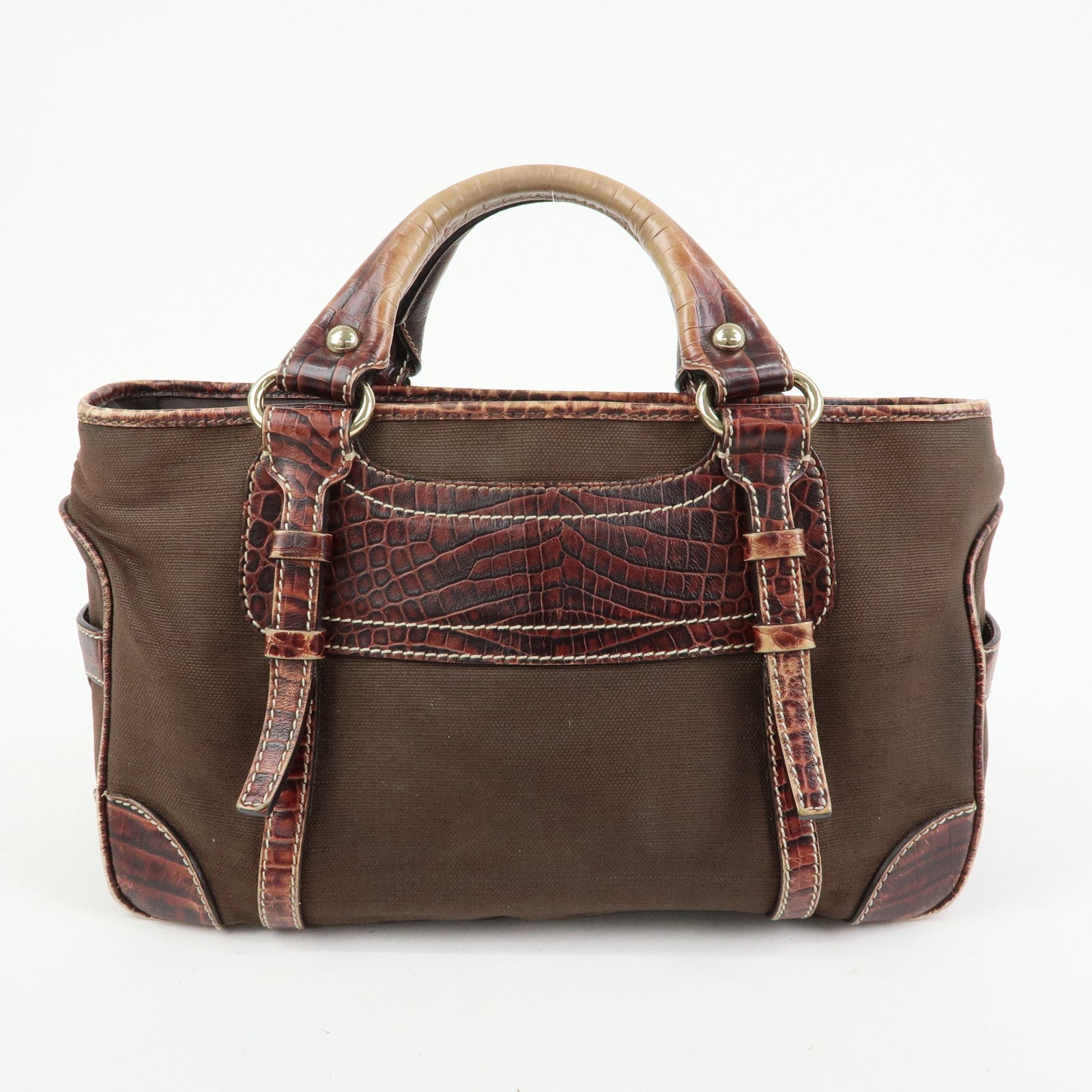 CELINE Boogie Bag Canvas Embossed Leather Hand Bag Tote Bag Brown
