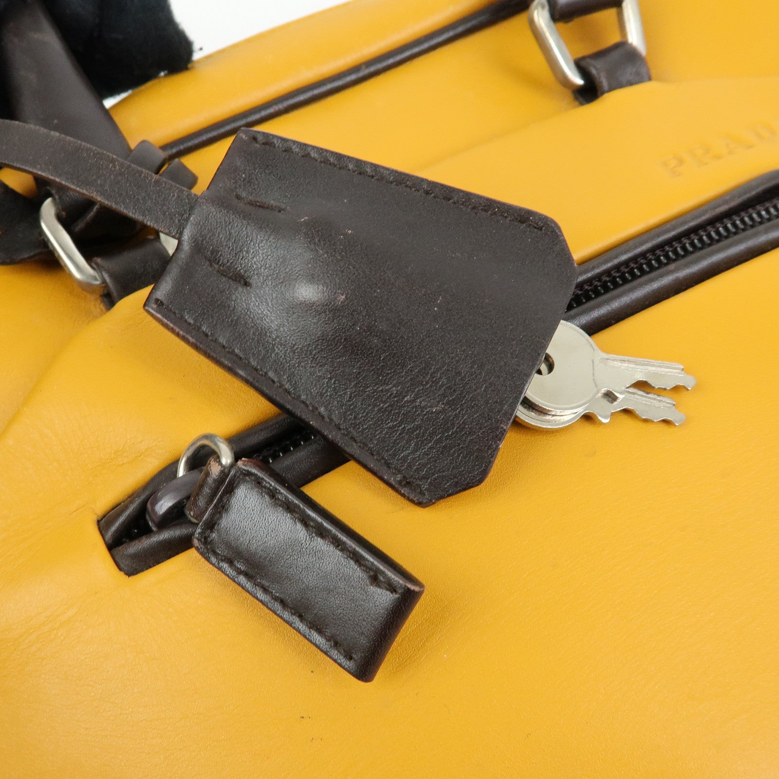 PRADA Leather Bicolor Hand Bag Bowling Bag Yellow Brown