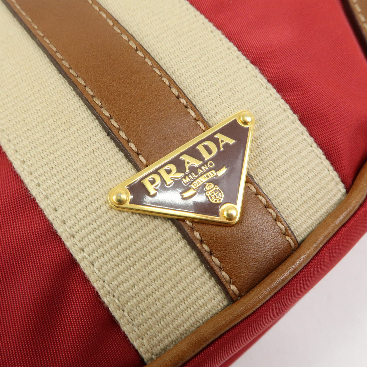 PRADA Triangle Logo Nylon Leather Shoulder Bag Red Beige Brown