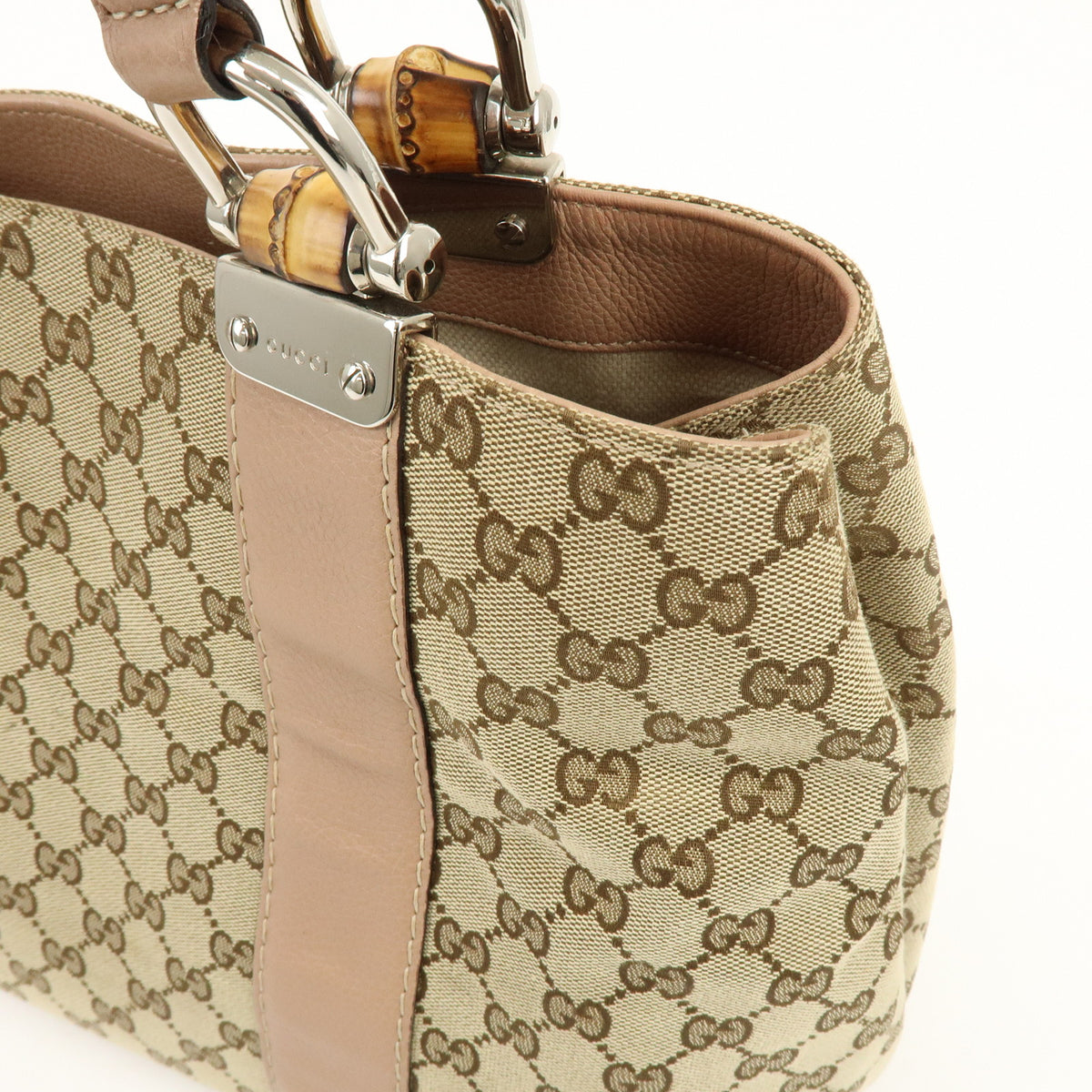 GUCCI Bamboo GG Canvas Leather Tote Bag Beige Brown Pink 232947