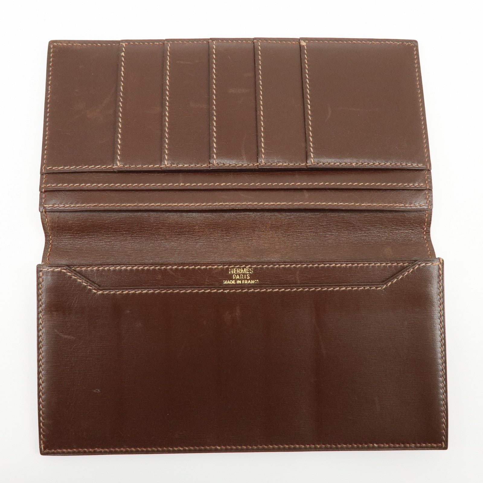 HERMES Box Calf Leather Long Bi-fold Wallet ☐FStamped Brown