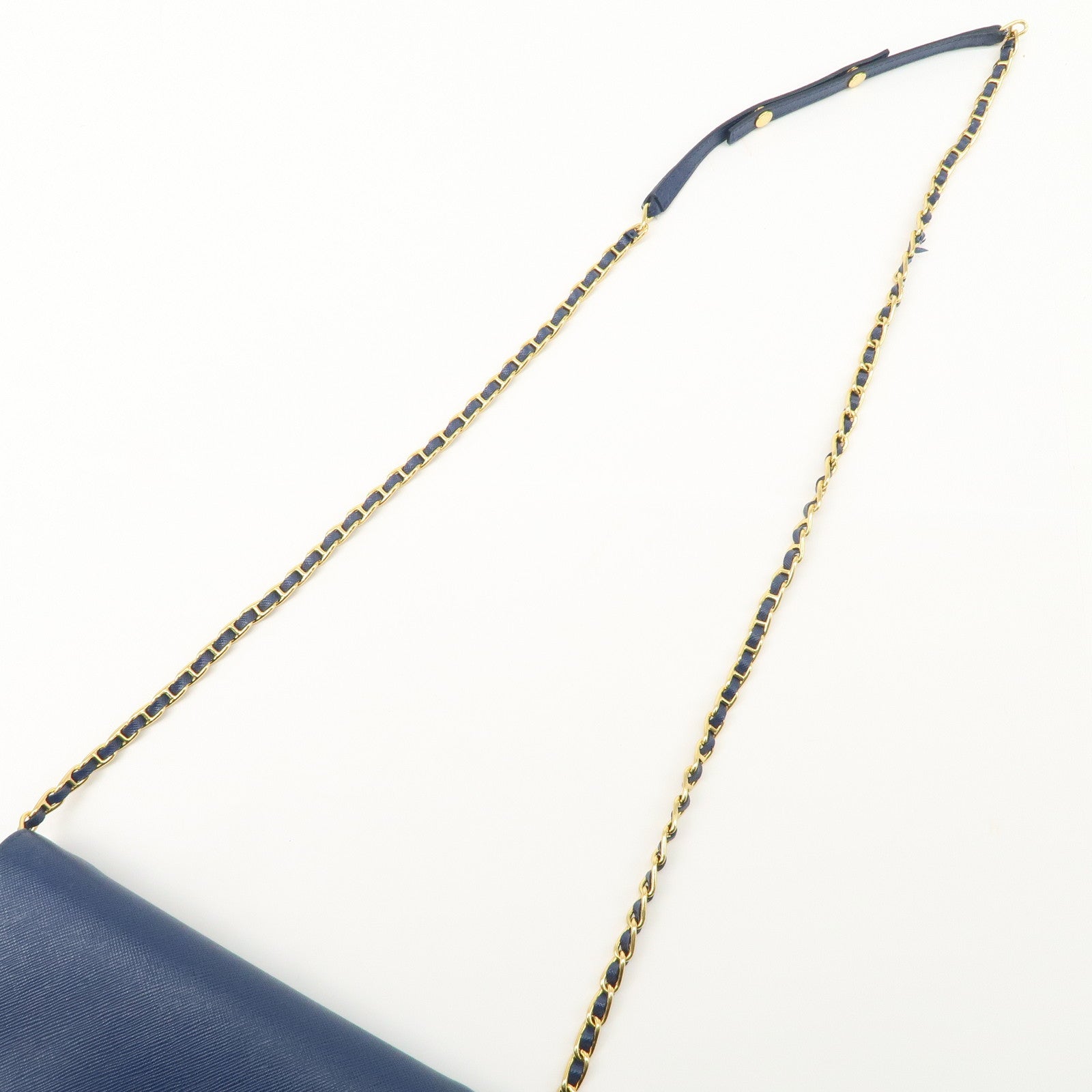 PRADA Logo Leather Chain Wallet WOC Blue Gold Hardware 1MT290 Used