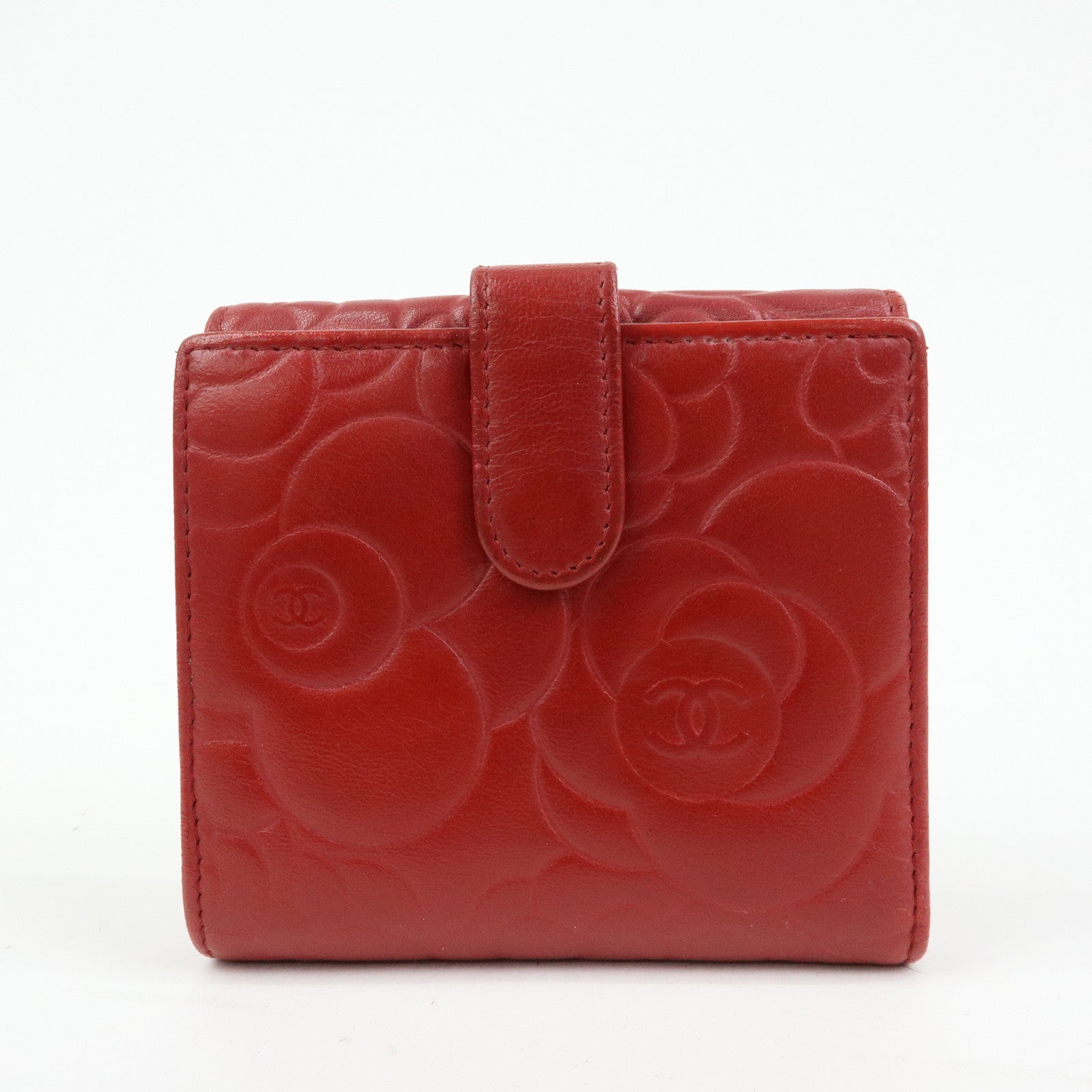 CHANEL Camellia COCO Mark Lamb Skin Bi-fold Compact Wallet Red A47422