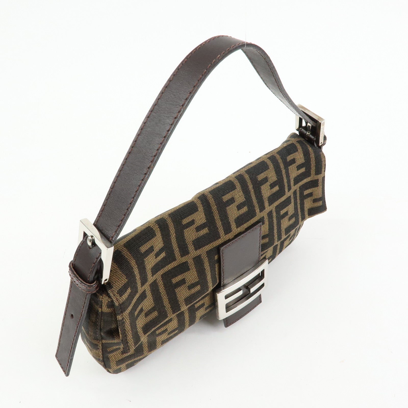 FENDI Mamma Baguette Zucca Canvas Leather Shoulder Bag Brown 26424