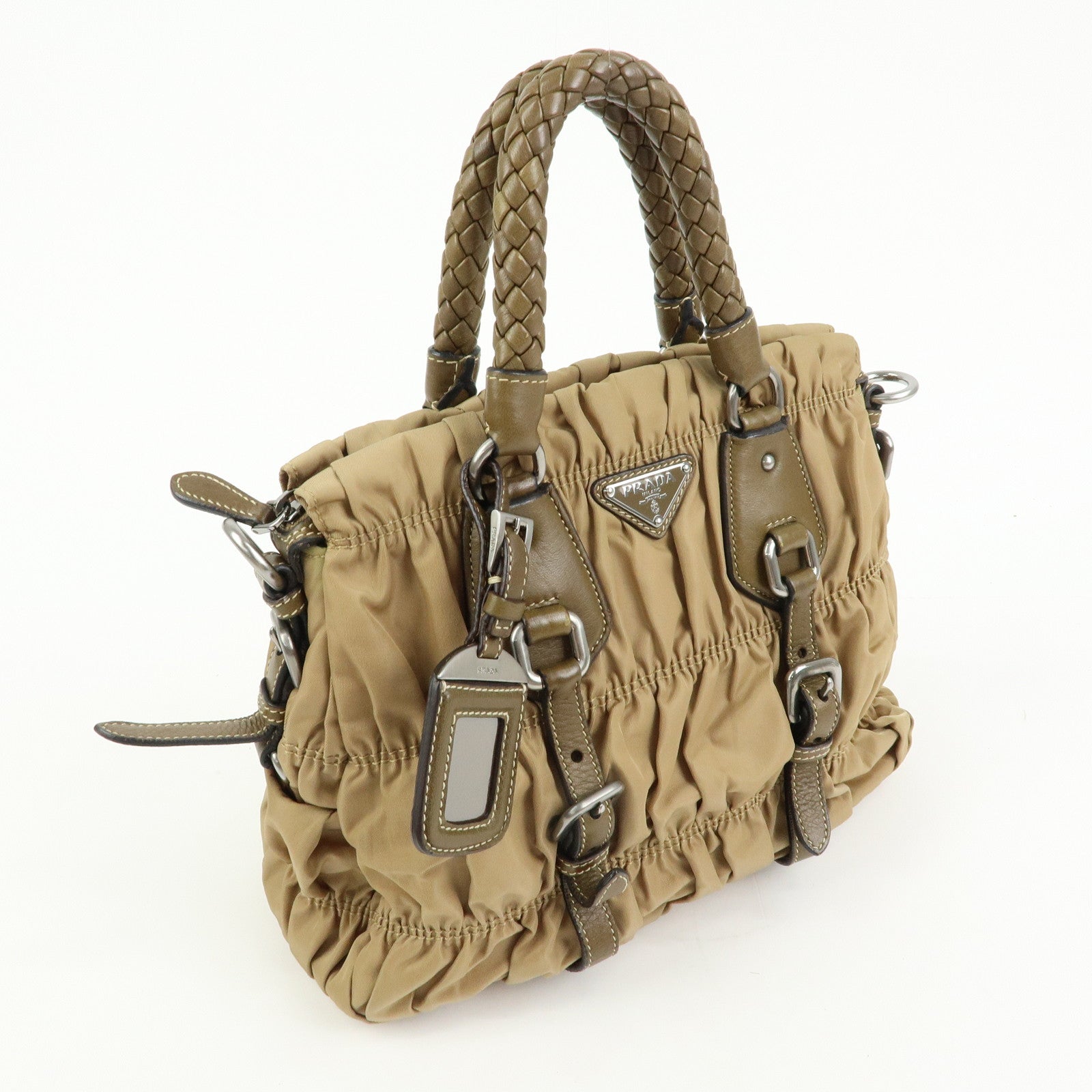 PRADA Triangle Logo Nylon Leather Tessuto Gaufre Hand Bag Brown