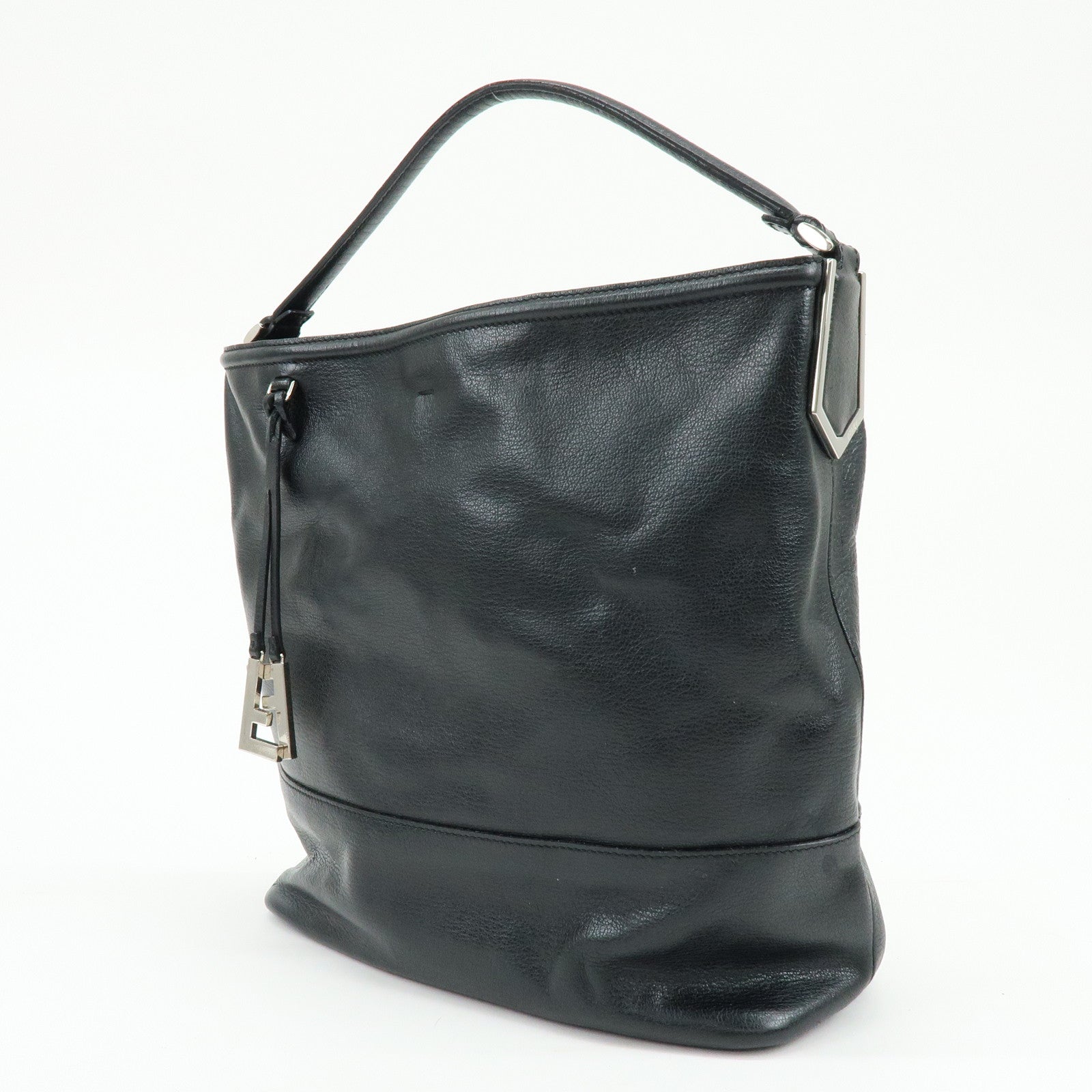 FENDI Leather Shoulder Bag Hand Bag Logo Charm Black 8BR697