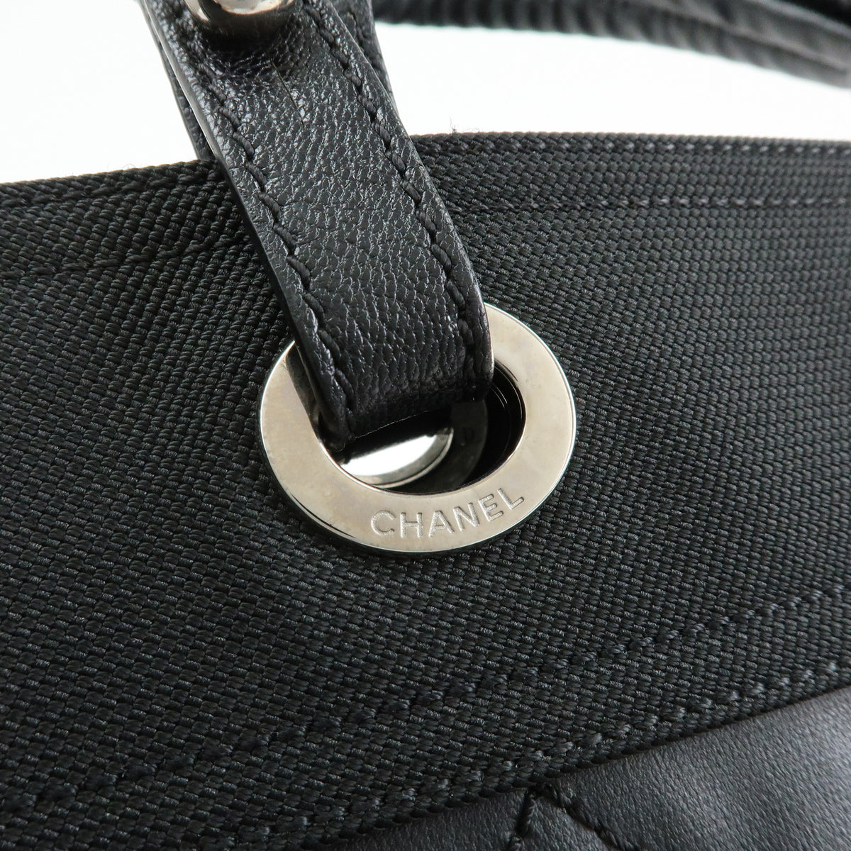CHANEL Paris Biarritz MM Leather Canvas Tote Bag Hand Bag Black A34209
